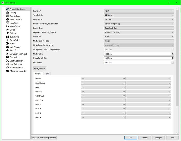 Capture d'écran de la page des préférences permettant de paramétrer le materiel audio en entrée et en sortie.